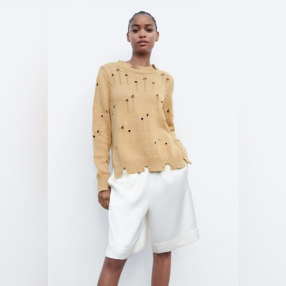 ZARA | Distressed Destroyed Knit Taupe Crew Neck Brown Tan Cotton Sweater